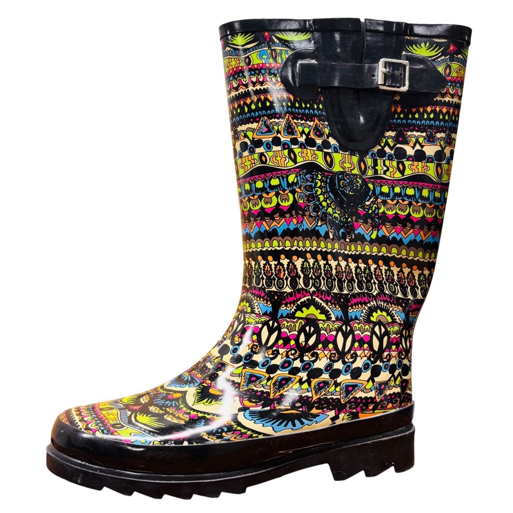 NEW Sakroots Women Neon Owl Print Faux Fur Lined Rain Boots Black Multi Size 10